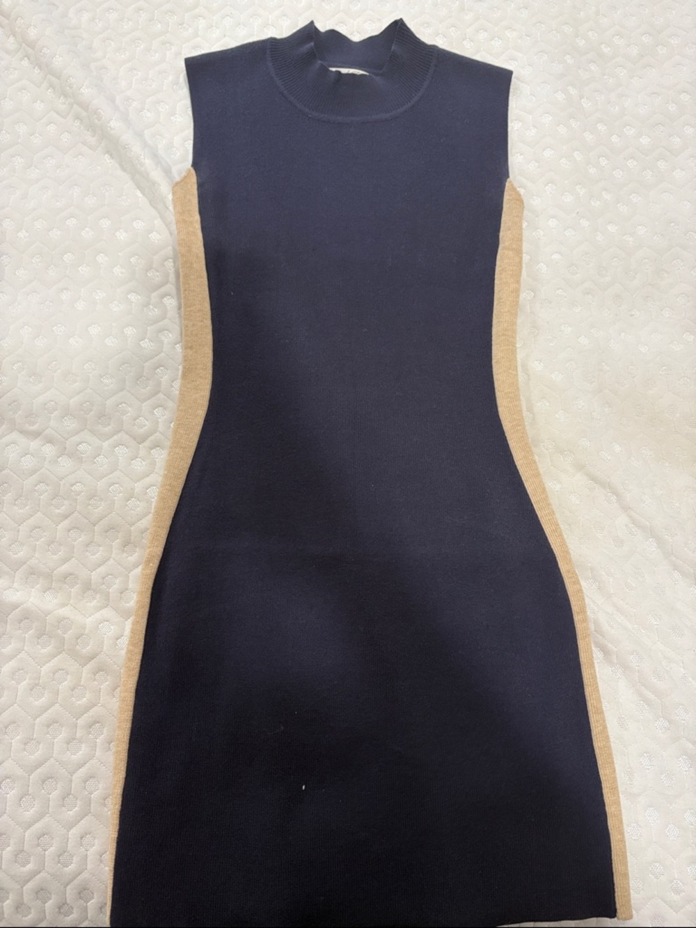 Sleeveless Navy Midi Dress with Camel Side Panels